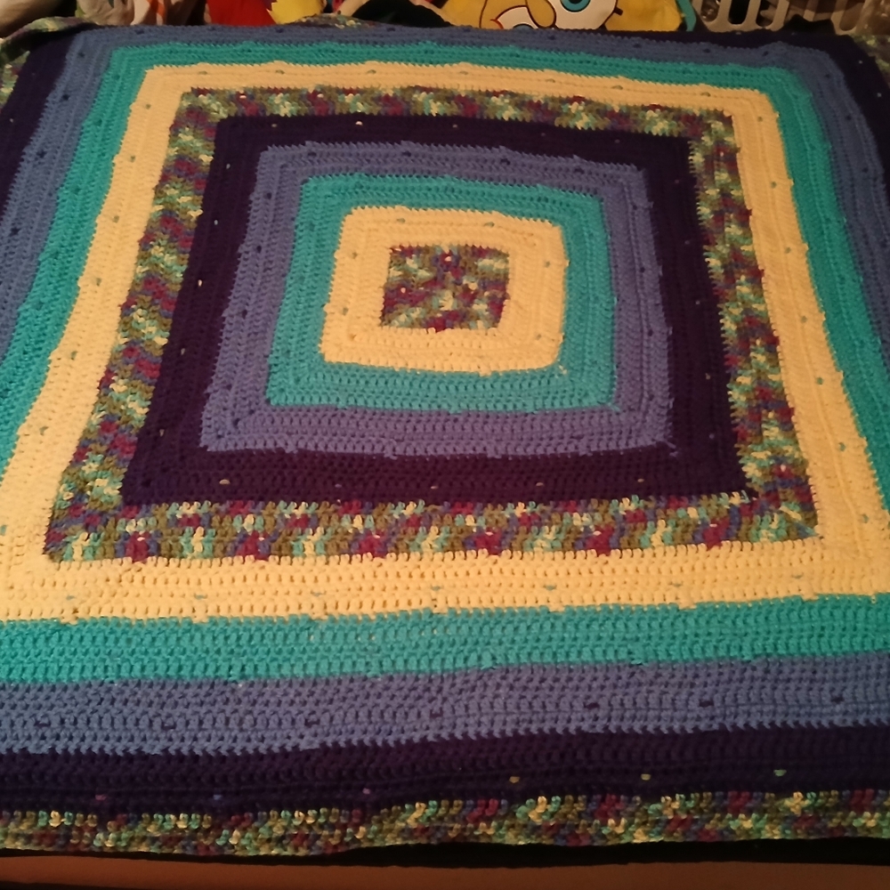 Vintage Handmade Crochet Throw Blanket Concentric Square Blue White Purple Green